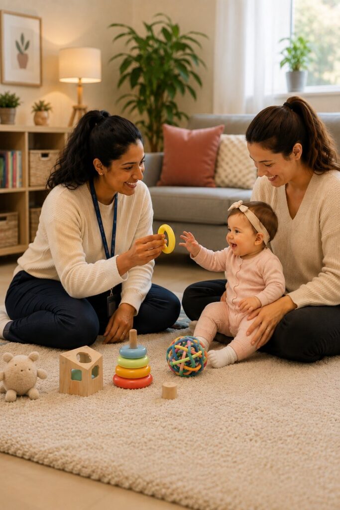 An adult holding up a yellow ring toy to a smiling baby