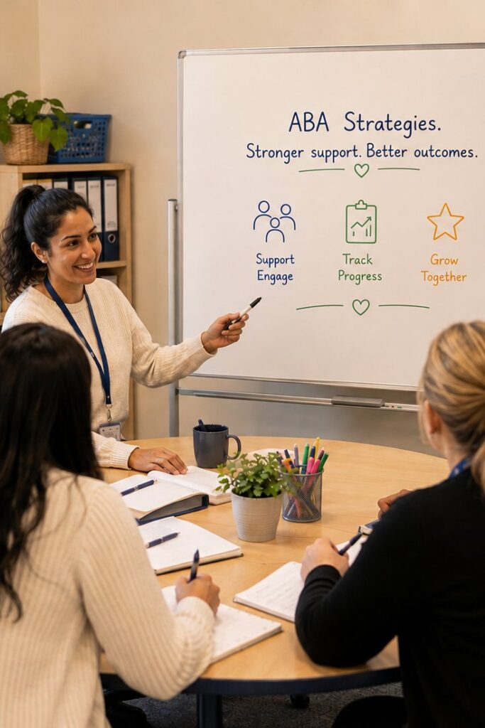 An adult writing on a whiteboard while two other people watch